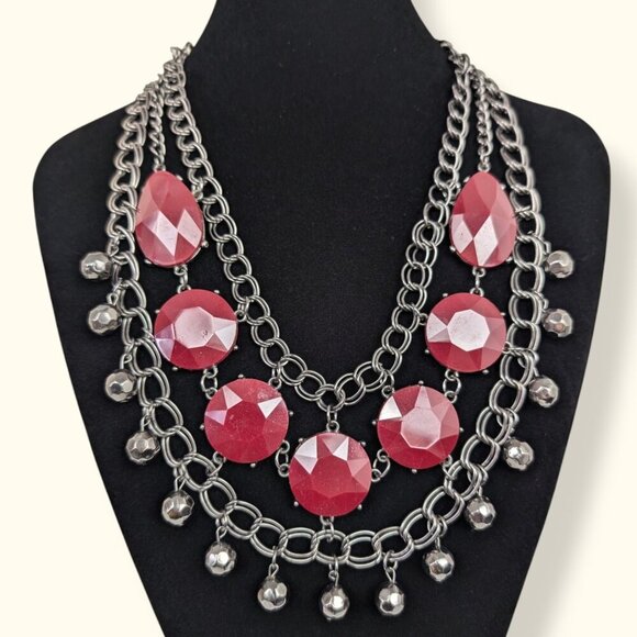 (2/$20) 3-Strand Red Stone Statement Necklace - Picture 2 of 7